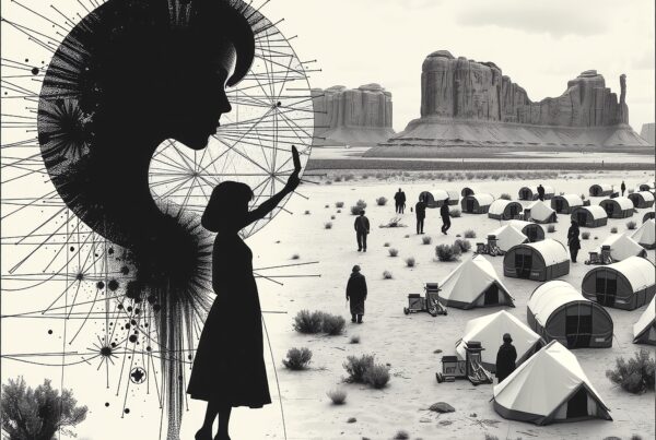 Surreal black and white desert scene featuring artistic silhouette design with tents and rock formations.