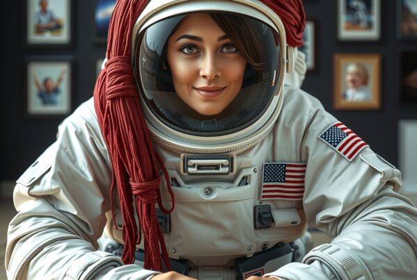 A smiling woman in an astronaut suit with a red scarf, in front of a photo wall.