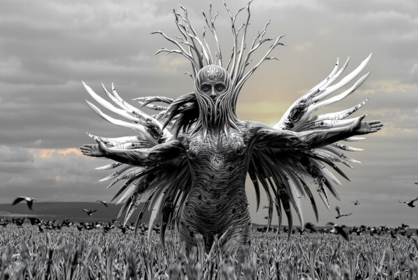 Surreal humanoid figure in natural landscape merging fantasy and nature.
