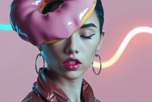 Fashion model with a pink donut hat and neon background.