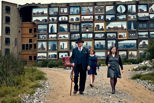 Three people walking by framed cityscapes on a building with scattered rubble and grass.