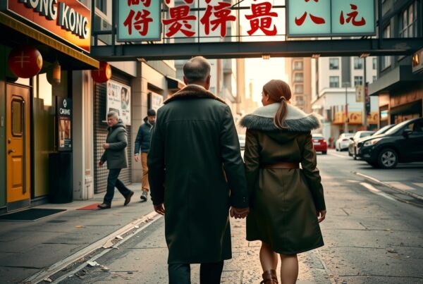 A couple walking down a city street lined with Chinese signage at dusk.