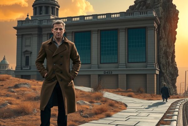 A mysterious man in a brown coat stands on a paved path against a surreal backdrop of classical architecture and natural cliffs at sunset.
