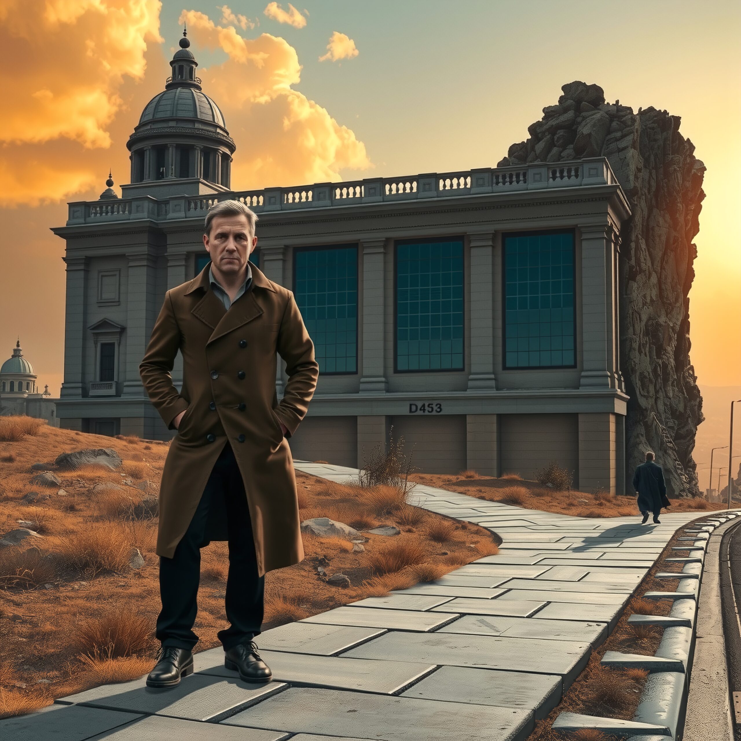 Mystery Man in Surreal Cityscape