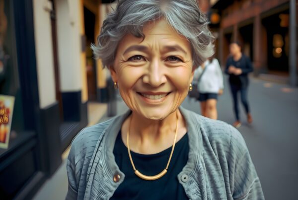 Elderly woman smiling warmly on a bustling city street with vibrant urban backdrop.