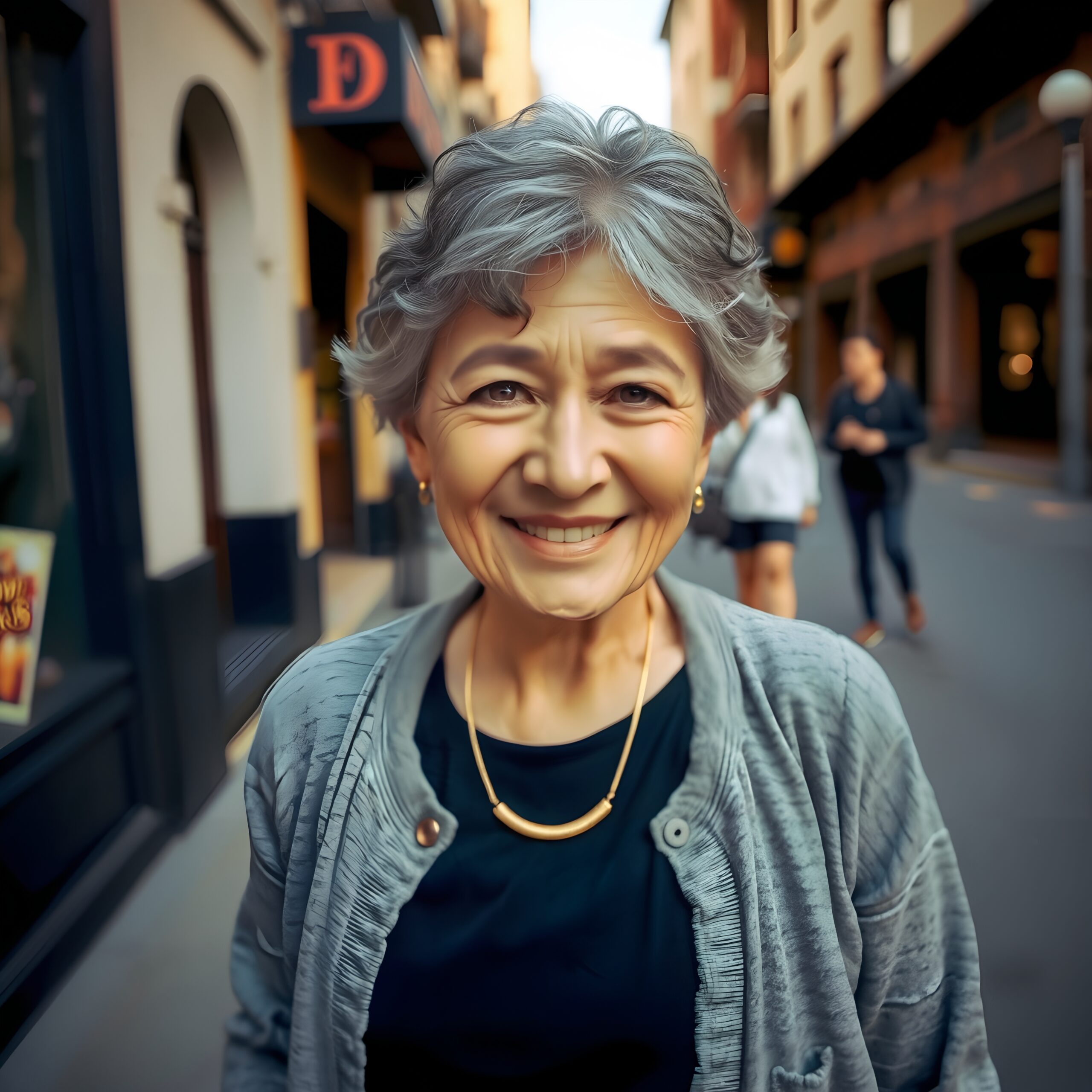 Smiling Woman on City Street