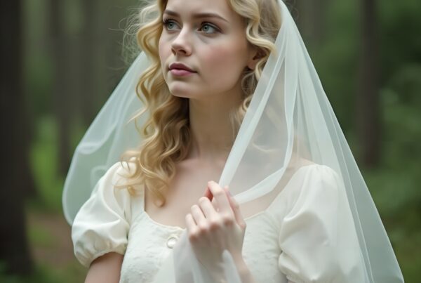 Young woman in white dress stands in forest wearing veil, exuding peaceful, ethereal elegance.