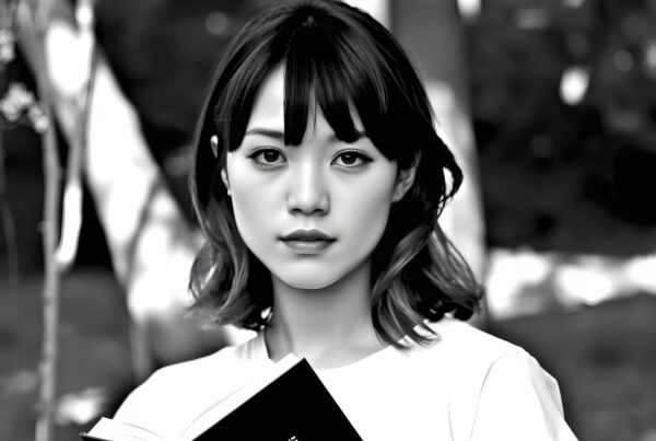 Black and white portrait of a woman holding a book outdoors.