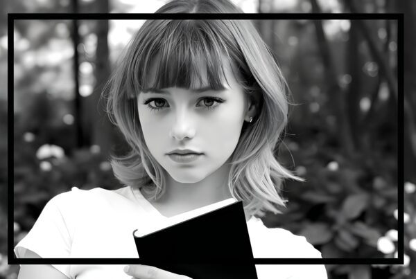 A young person with short hair holds a book, gazing introspectively in a monochrome outdoor portrait.