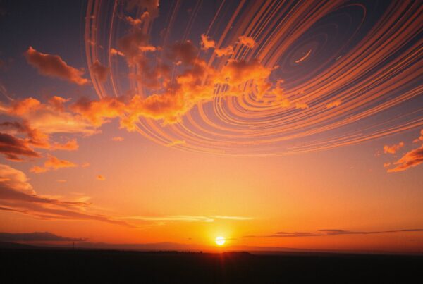 A stunning sunset with swirling star-like patterns in the colorful sky.
