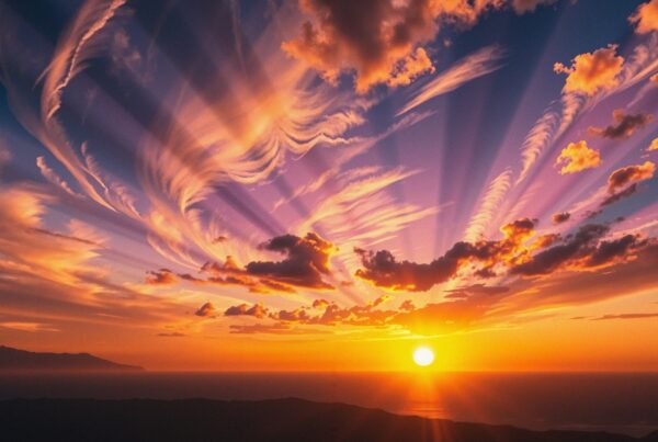 Vibrant sunset over serene landscape with mountain silhouette and colorful clouds.