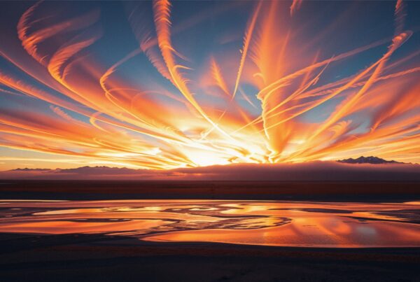 A colorful sunset with dramatic cloud formations reflecting in the water.