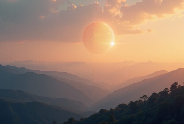 A surreal sunset landscape with layered mountains and a celestial body in the sky.