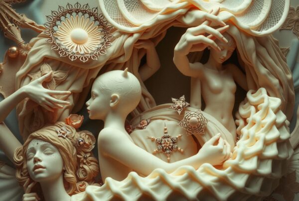 Detailed sculpture of elegant female figures with floral and celestial motifs, showcasing intricate craftsmanship.