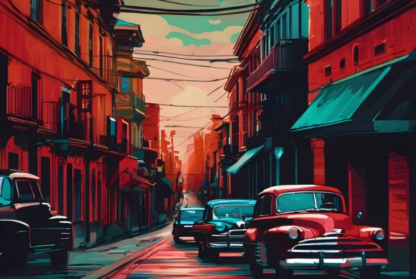 Illustration of a vintage street scene with classic cars and vibrant colors.
