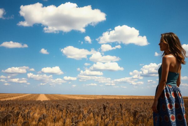 A woman stands in a field under a blue sky with clouds.