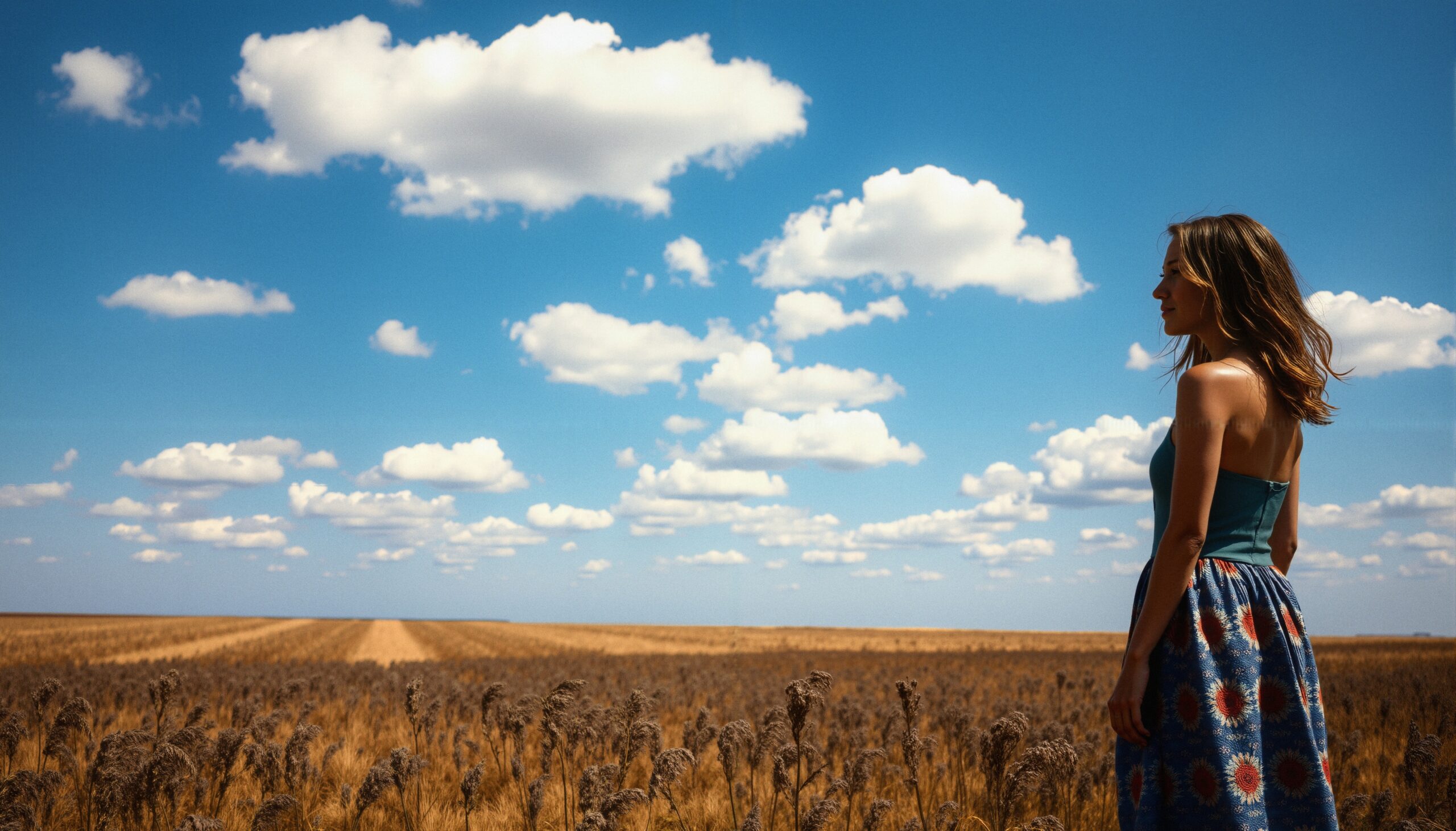 Woman in Field Under Clouds