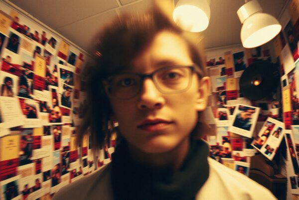 A blurred portrait amidst an eclectic collage of photographs creating a warm, artistic atmosphere.