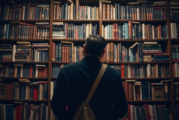 A person in a cozy library studies a large wooden bookshelf filled with colorful books, conveying curiosity and exploration.