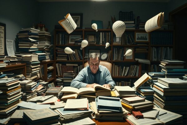 A man reads at a cluttered desk surrounded by floating books and paper light bulbs in a dimly lit study.