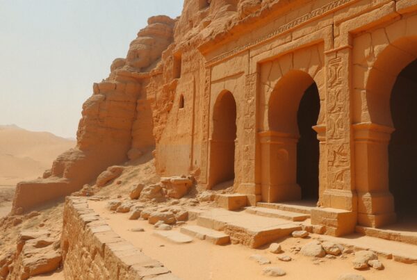 Ancient stone structure carved into desert landscape with arches.