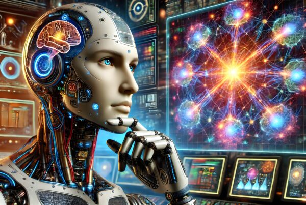 A contemplative robot in a high-tech futuristic lab with neural network displays.