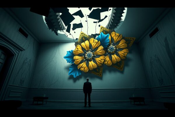 Man watching large vibrant flowers in a surreal dark room.
