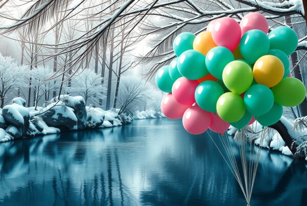 Colorful balloons hover over a snowy river in a winter forest.