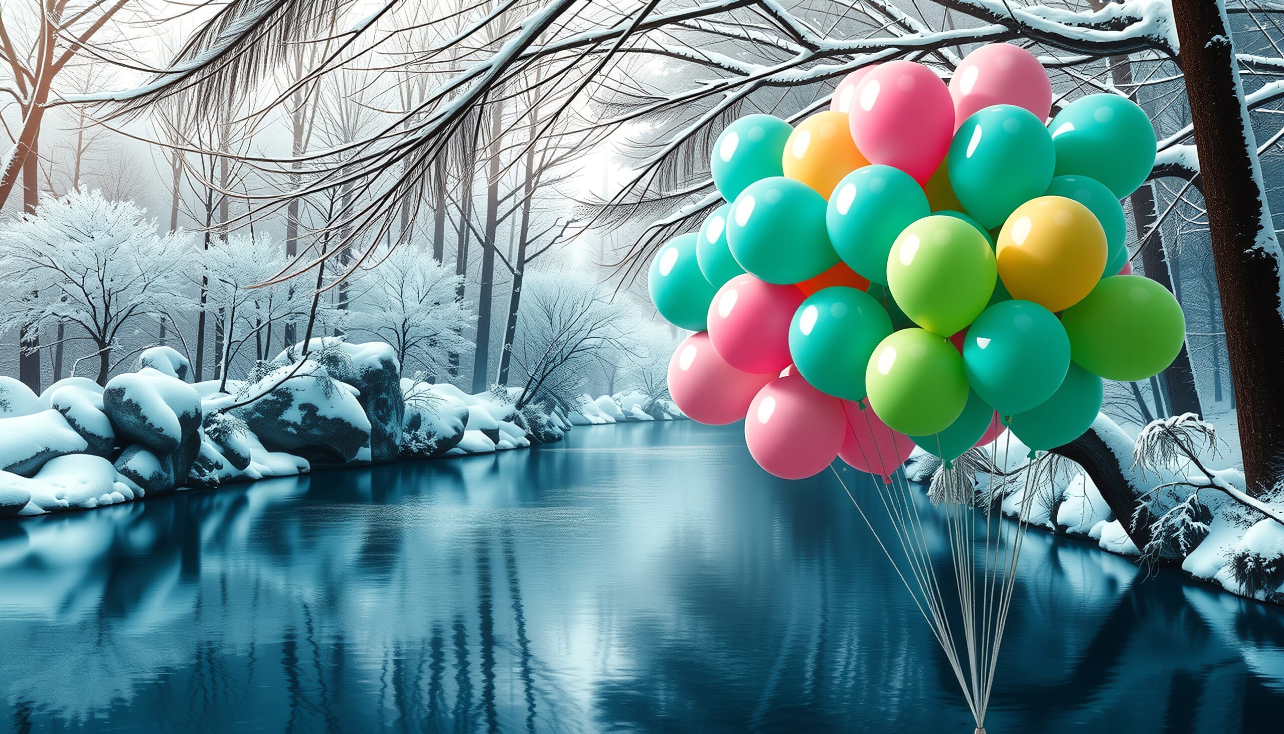 Balloons Against Winter River Scene