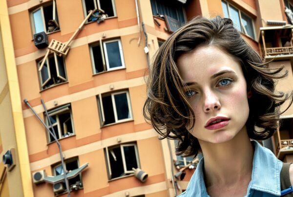 Portrait of a woman with a striking expression set against a chaotic urban building backdrop, highlighting contrast and emotion.