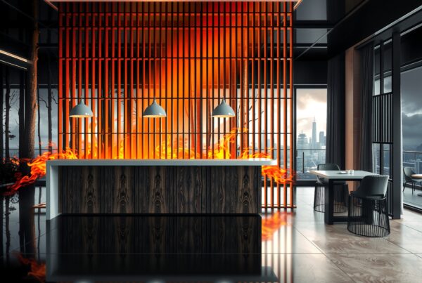 Modern interior with fiery backdrop.