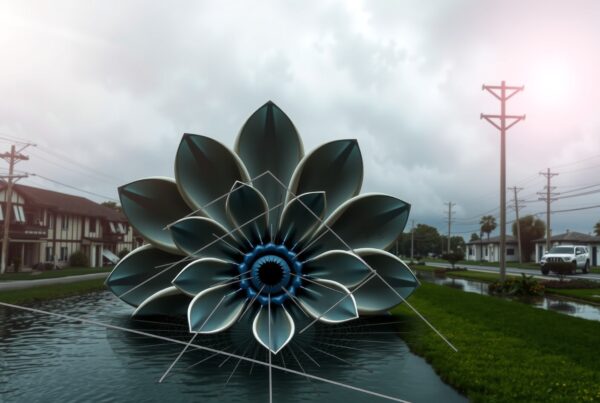 A giant metallic flower sculpture in a suburban water setting with geometric lines.