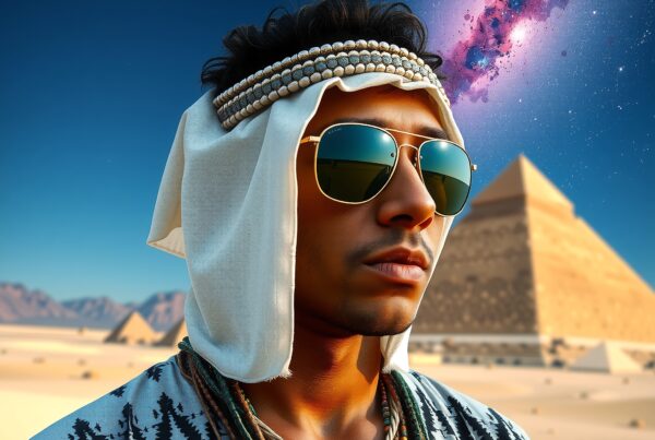 A man in traditional attire stands before pyramids under a cosmic sky.