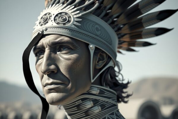 A man wearing a traditional feathered headdress with intricate designs, set against a blurred background.