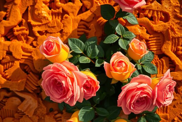 Vibrant pink and yellow roses against a textured orange background.