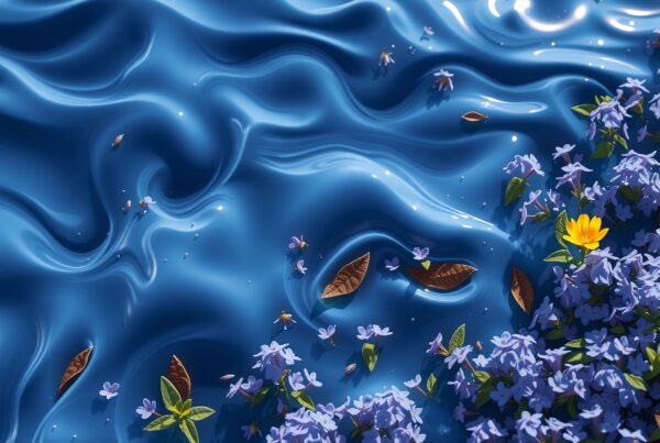 A vibrant scene of blue swirling water with floating flowers and leaves, featuring a striking yellow blossom.