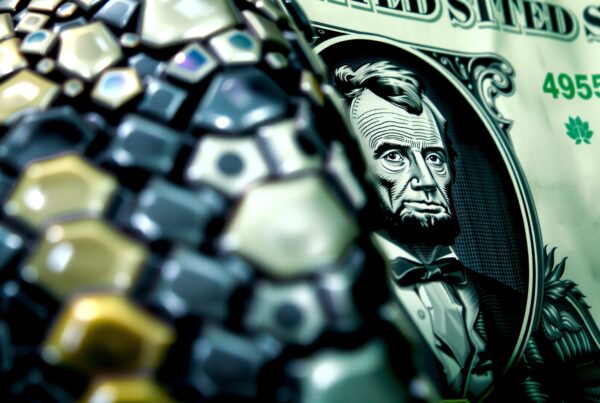 A detailed close-up of a US banknote with modern geometric patterns on the left.