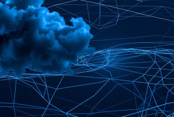 A fluffy blue cloud set against intricate geometric lines on a dark blue background, creating a futuristic digital art design.