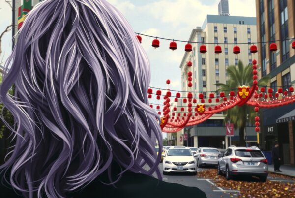 A person with lilac hair gazing at a vibrant, decorated city street.