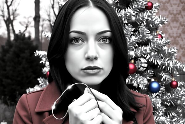 A contemplative woman holding string lights by a festively decorated Christmas tree in a winter setting.
