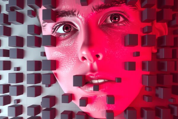 A face illuminated in red emerges through digital cubes, symbolizing the intersection of humanity and technology in a futuristic art style.