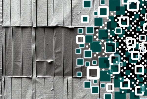 A modern artwork blending digital graphics with textured backgrounds.