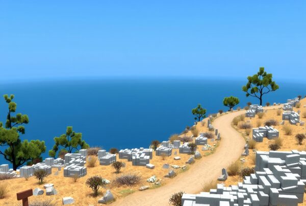 A scenic coastal pathway with scattered geometric stone structures and sparse vegetation overlooking the deep blue sea.