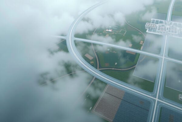 Aerial view of roads and fields with clouds overhead.