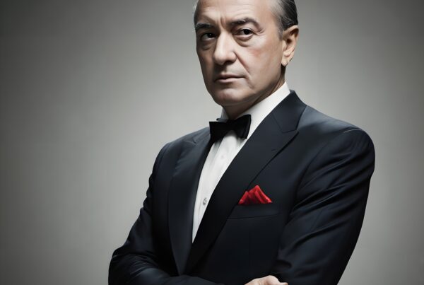 Portrait of a distinguished man in a black tuxedo with a red pocket square.