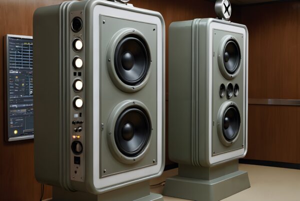 Large retro speakers in a wood-paneled sound studio with monitors displaying audio data.
