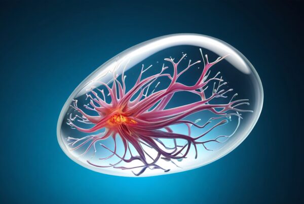Digitally rendered nerve cell with pink and purple dendrites in a blue background.