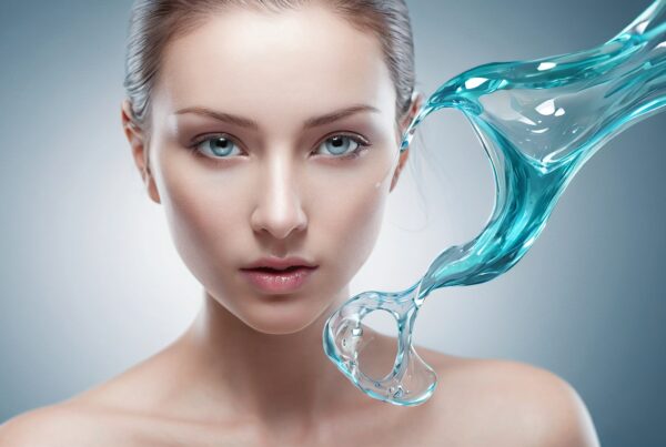 Young woman with flawless skin and blue eyes, artistically juxtaposed with translucent water splash, conveying themes of purity and hydration.