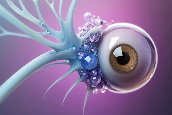 Surreal eye with neural tendrils and vibrant colors.