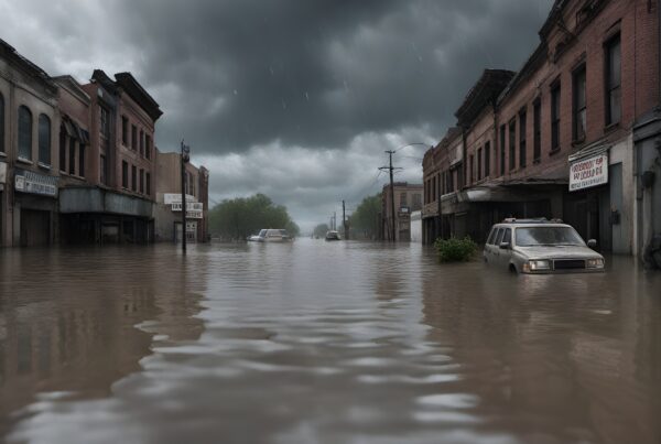 Flooded street with abandoned cars and cloudy sky.